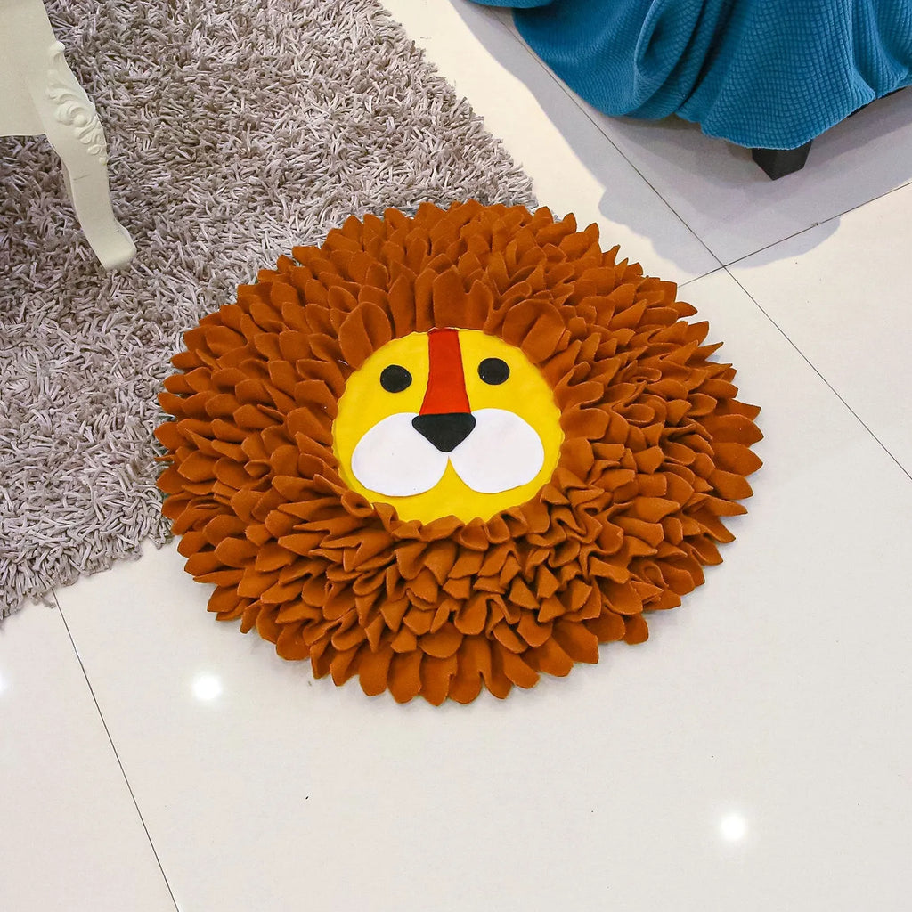 Brown lion-shaped pet sniffing pad with textured surface for hiding treats