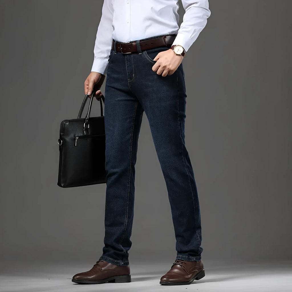 Women's stretch denim straight-leg trousers in black or blue available in plus sizes