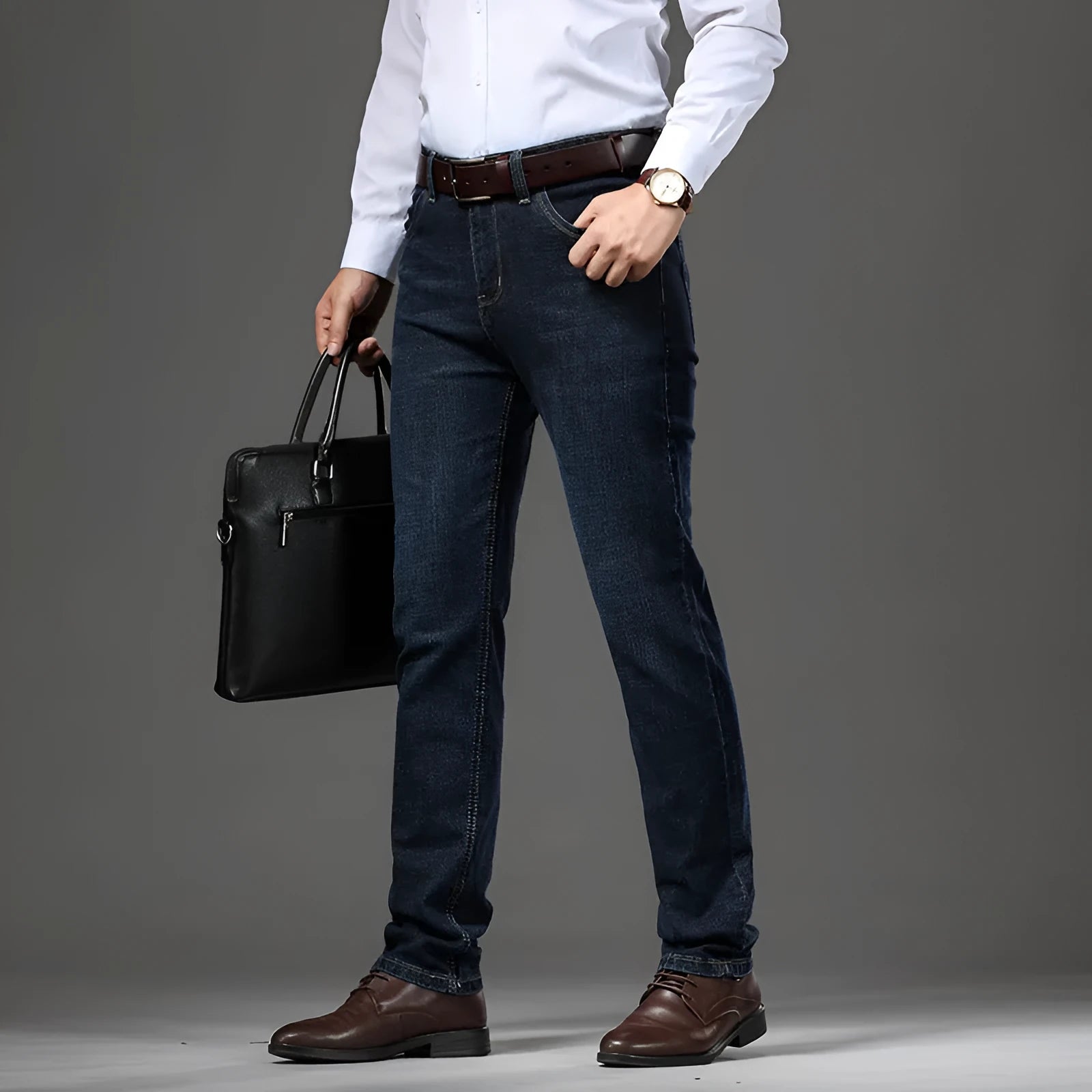 Women's stretch denim straight-leg trousers in black or blue available in plus sizes