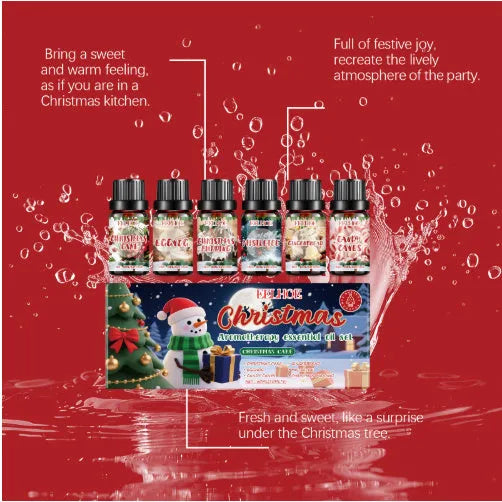 Christmas aromatherapy oil set showing six 60ml bottles and six 10ml bottles for festive home fragrance