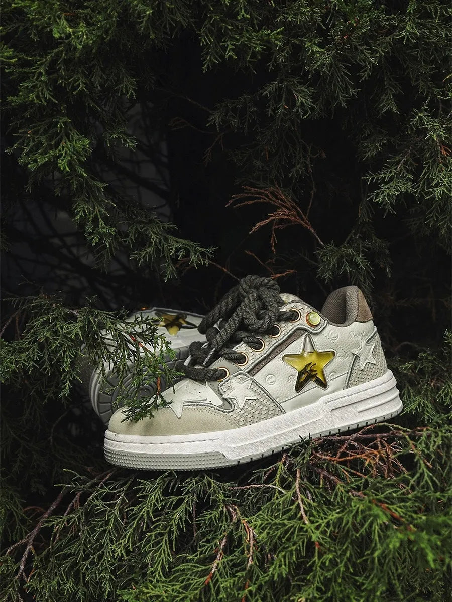 Cowhide leather unisex platform running shoes in West Lake dragon well tea colour with lace-up front.
