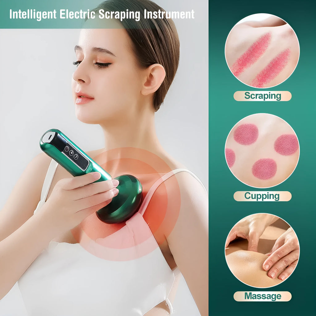 Green electric vacuum cupping massager with USB cable on a table