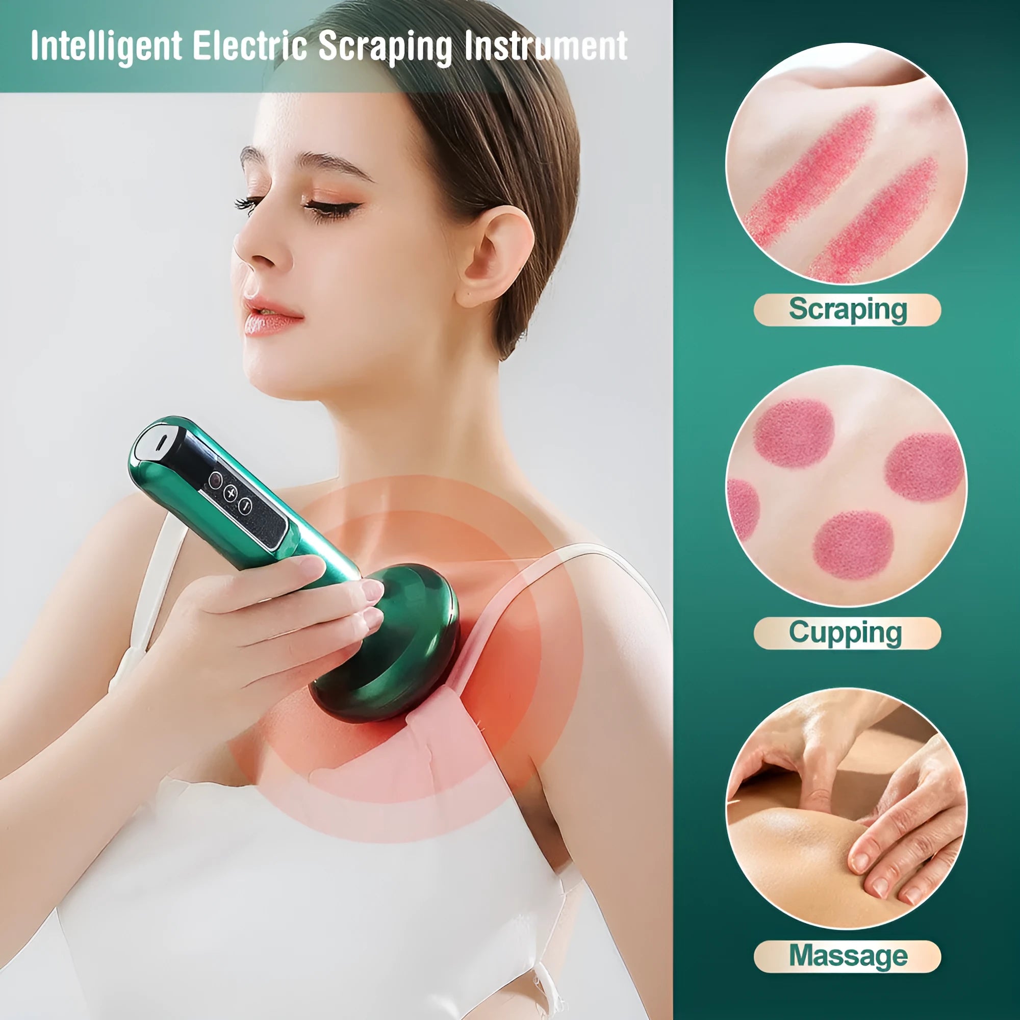 Green electric vacuum cupping massager with USB cable on a table