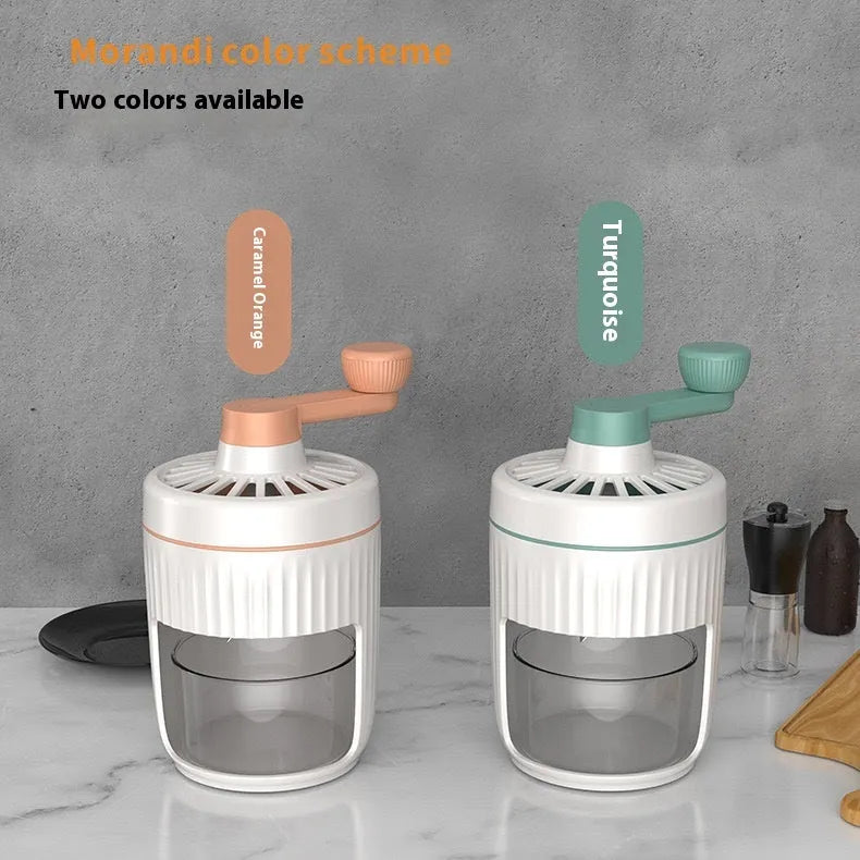 Hand-cranked ice shaving machine in green with removable ice box and ergonomic handle