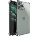 Clear transparent TPU shockproof phone case for Apple iPhone models on a white background.