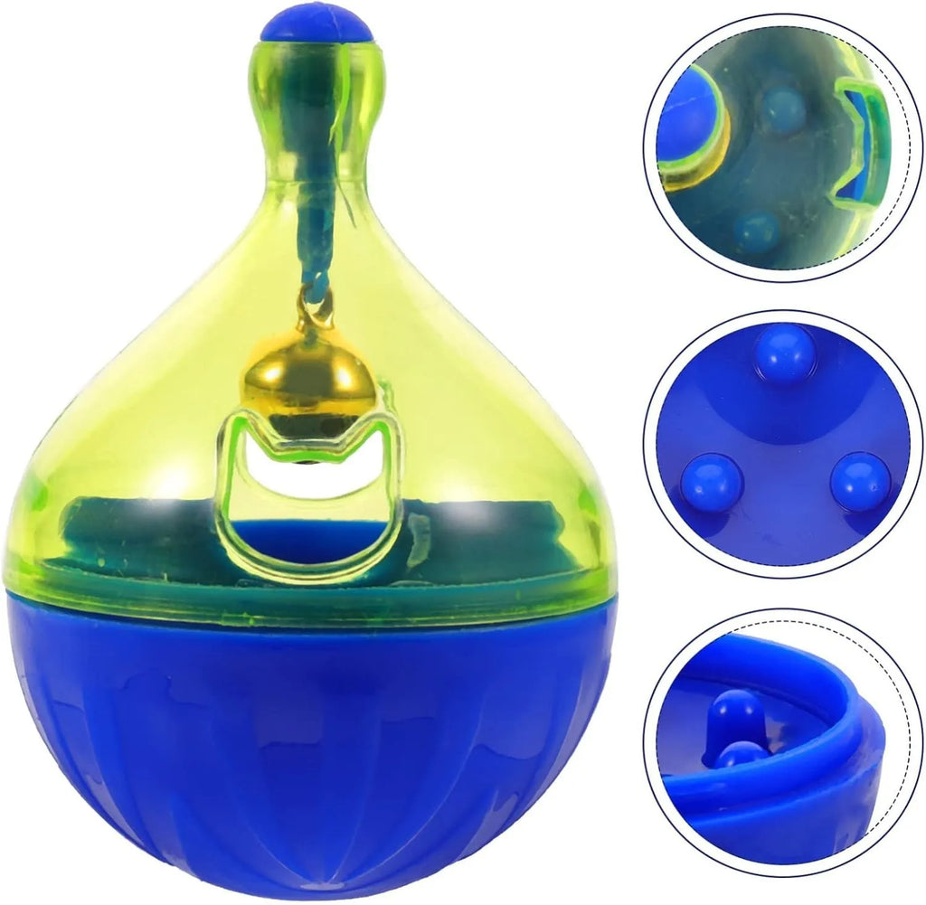 Light grey interactive pet treat dispenser ball with tumbler shape on a wooden floor.