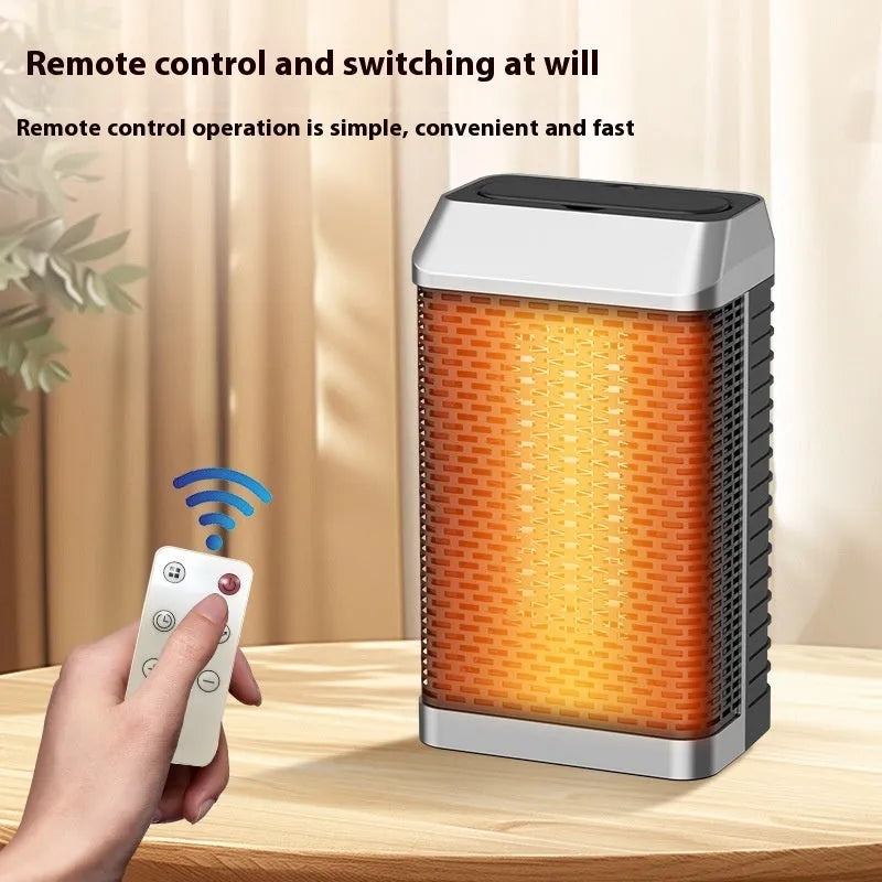 Black desktop electric heater with remote control, showing front knob and compact size for desk use