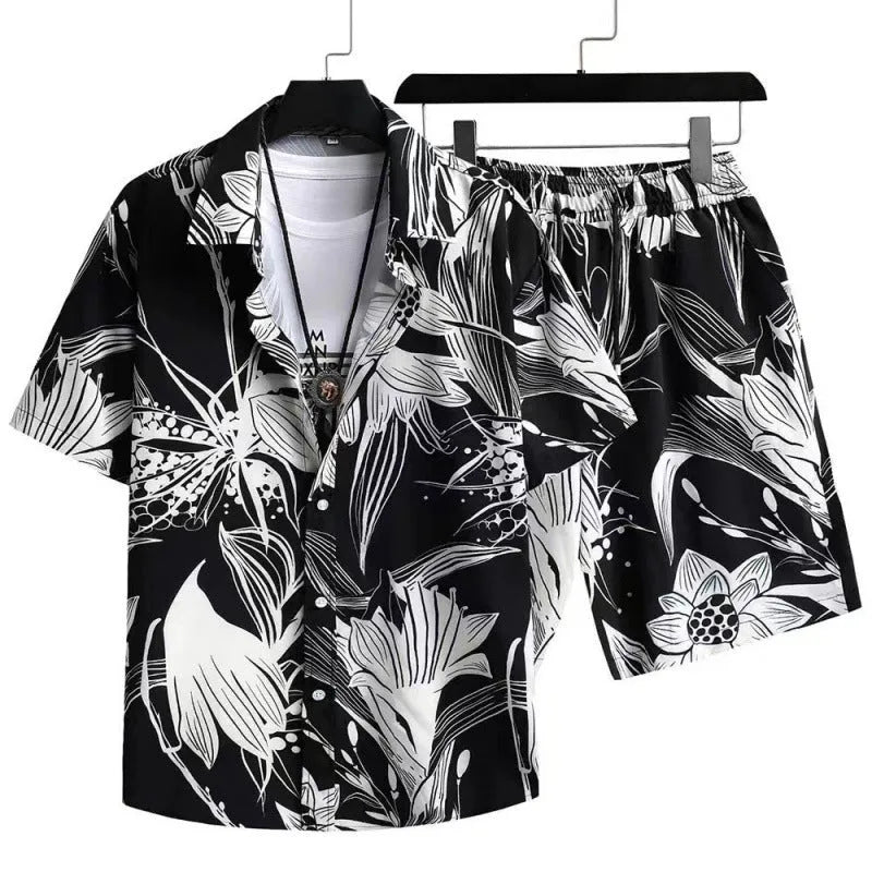 Men's short sleeve cardigan and matching shorts suit set with digital printed design.