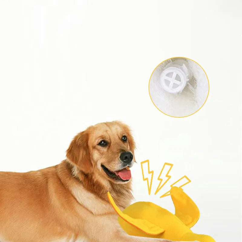 Yellow bone-shaped dog training toy with built-in duck sound chip and treat leakage compartments