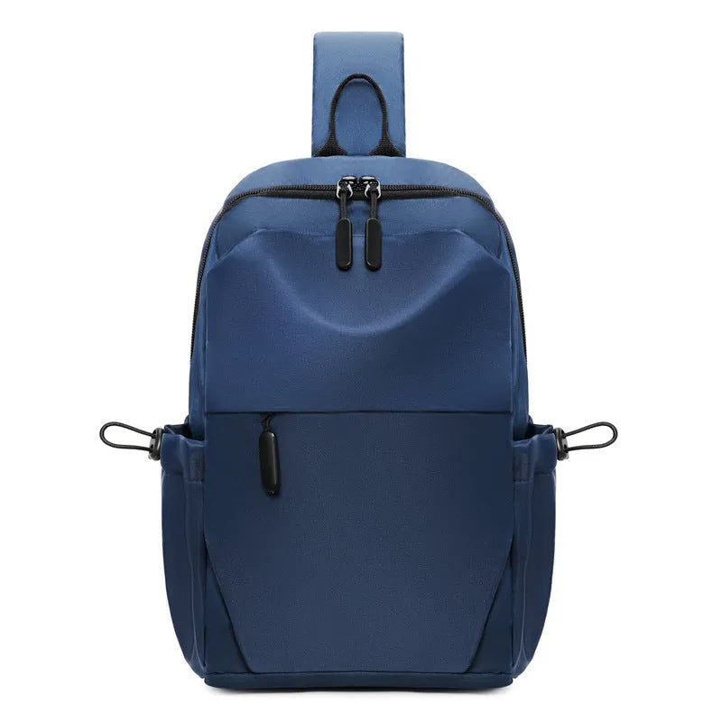 Men's grey waterproof chest bag with adjustable shoulder strap showing front compartment