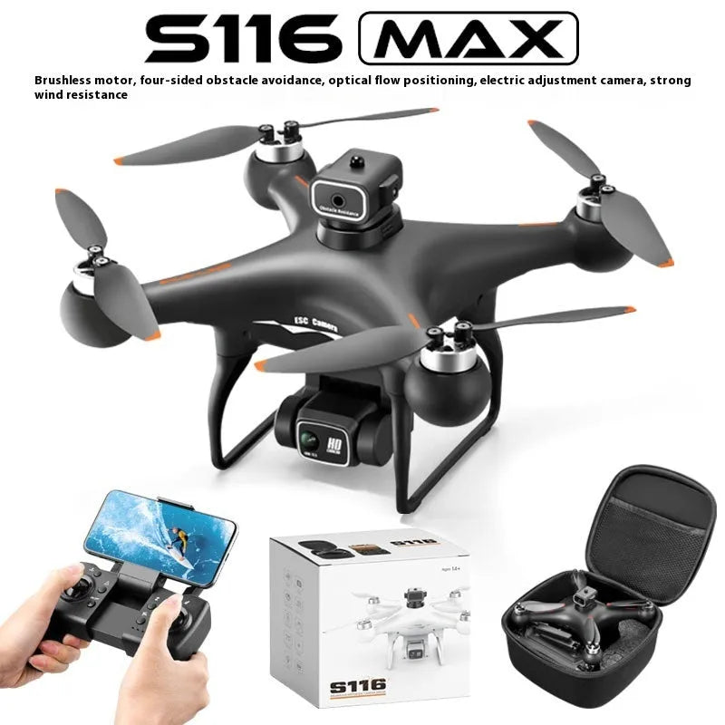 Black HD brushless UAV drone with four-side obstacle avoidance and camera, remote control transmitter beside it