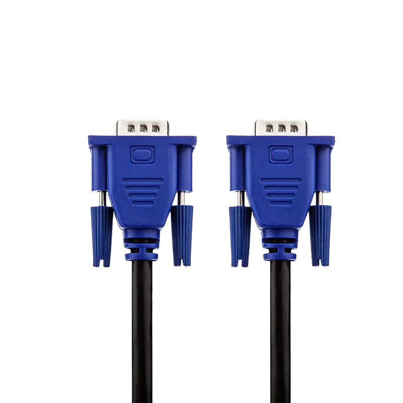 Black VGA cable with blue moulded heads and nickel-plated terminals for computer to monitor connections