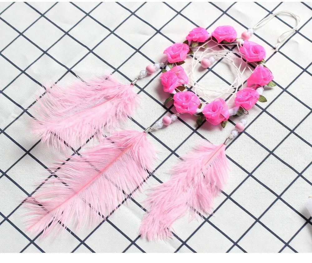 Pink ostrich feather dreamcatcher wind chime wall ornament 10cm