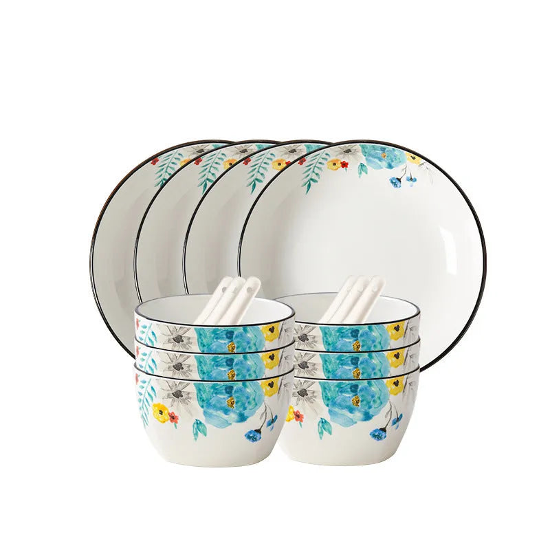Flower In Ink bone china 22-piece tableware set with bowls, spoons, plates, large bowl, and spoon