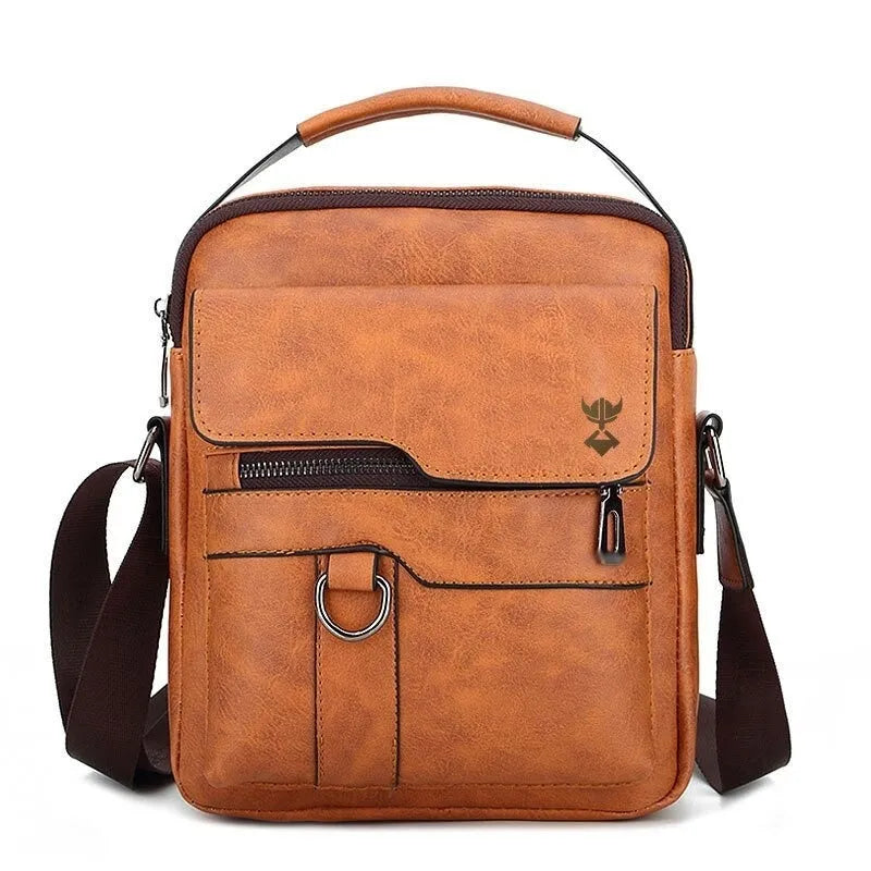 Khaki PU leather men's shoulder bag showing internal organisation pockets and dimensions
