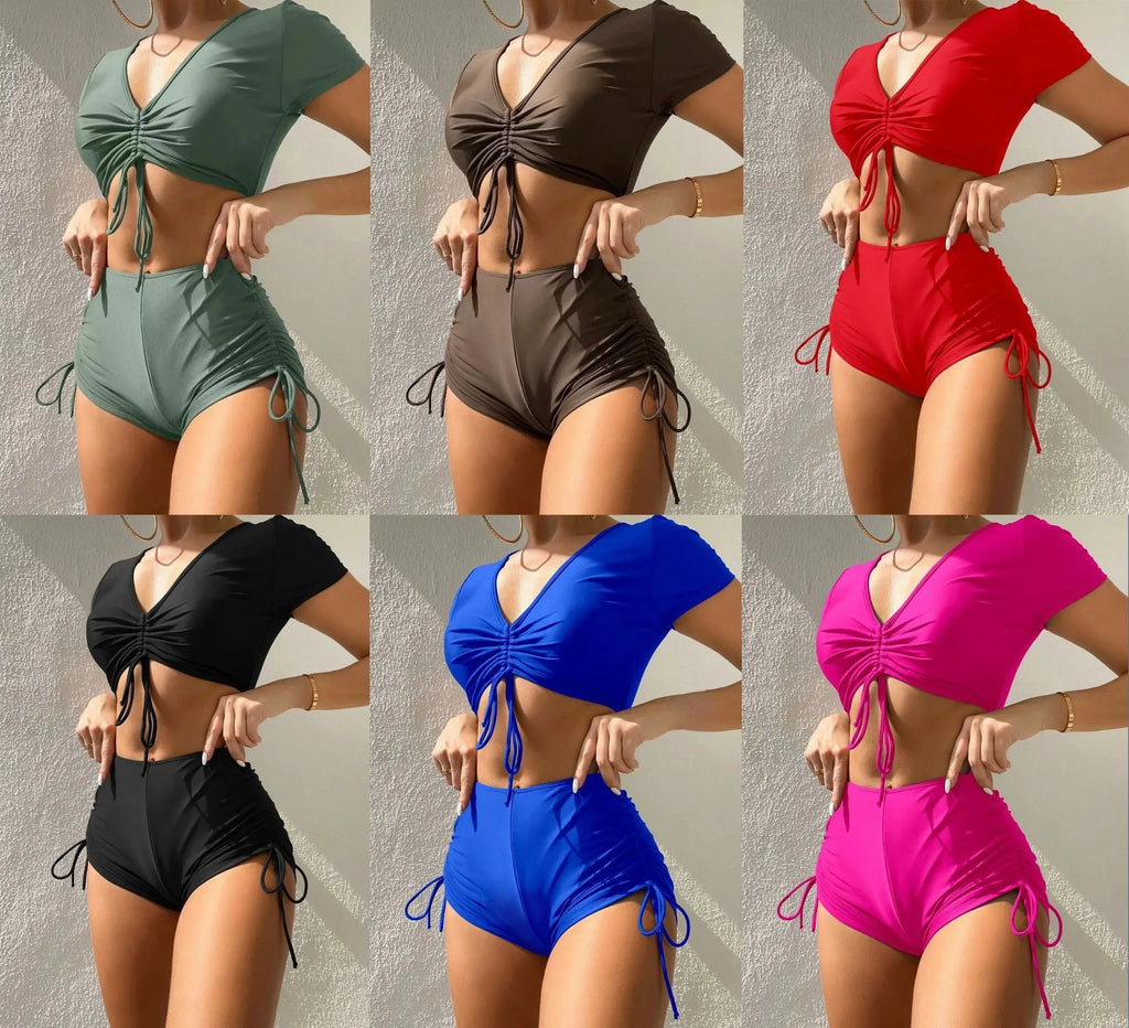 Women's lace-up front bow swimsuit with shorts in multiple colour options