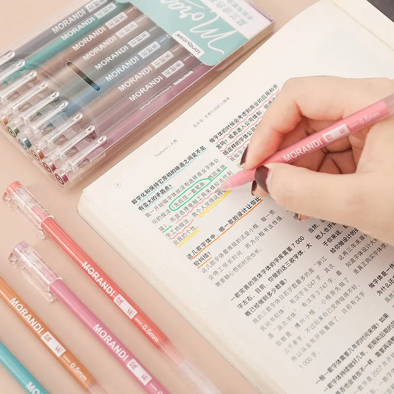 Set of nine cute Japanese colour gel pens with 0.5mm needle tips in retro packaging
