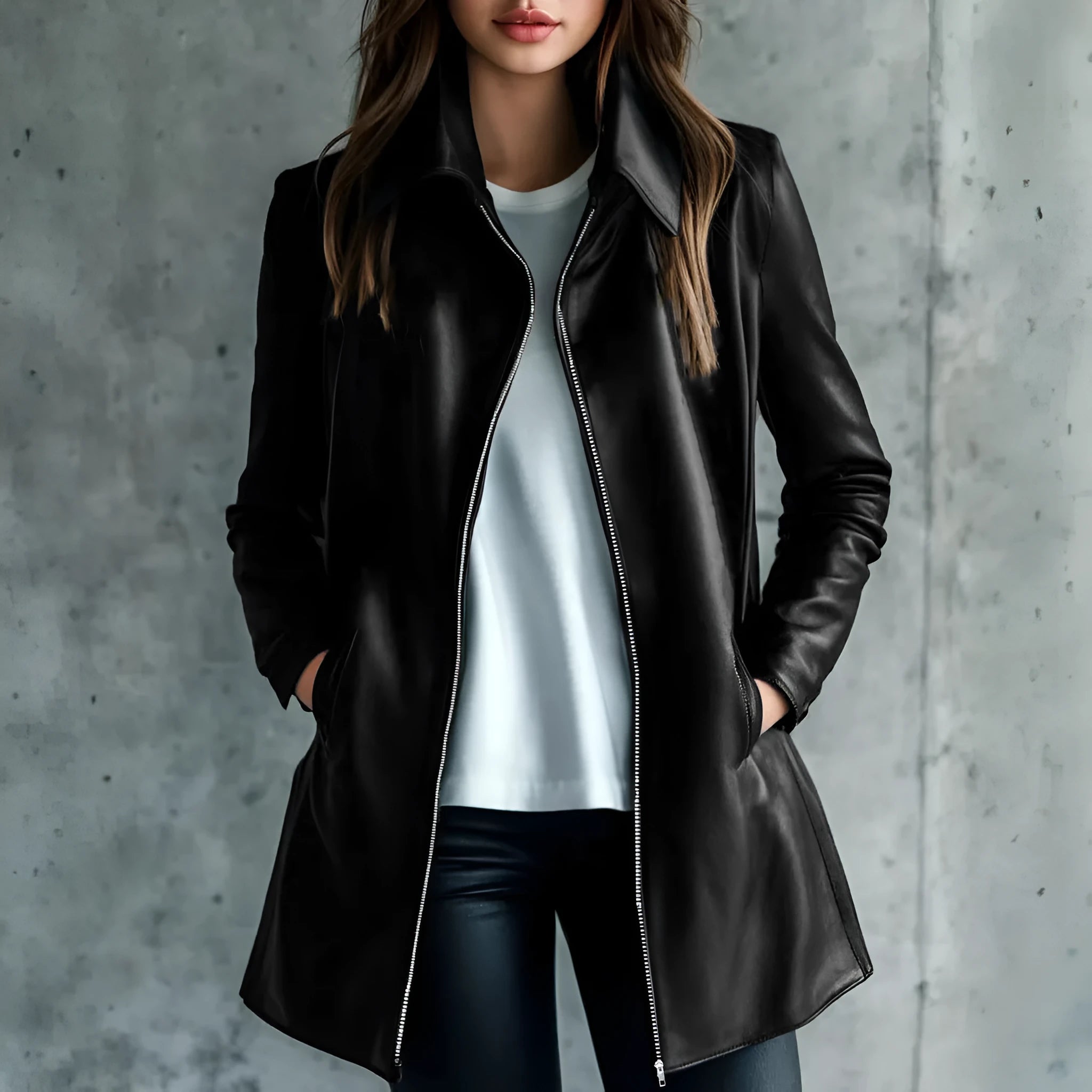 Women's black polyester leather jacket with medium 65cm length and long sleeves