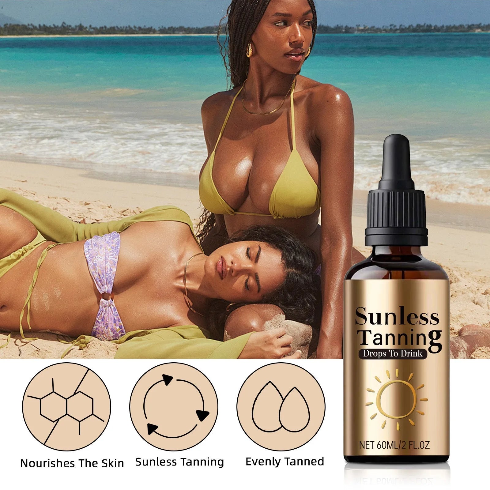 Black bottle of 60ml unisex oral aid drops for outdoor skincare