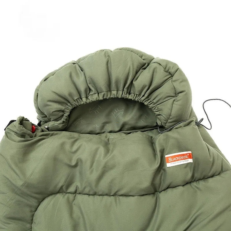 Portable cotton camping sleeping bag in ochre and olive green colours for basic outdoor warmth