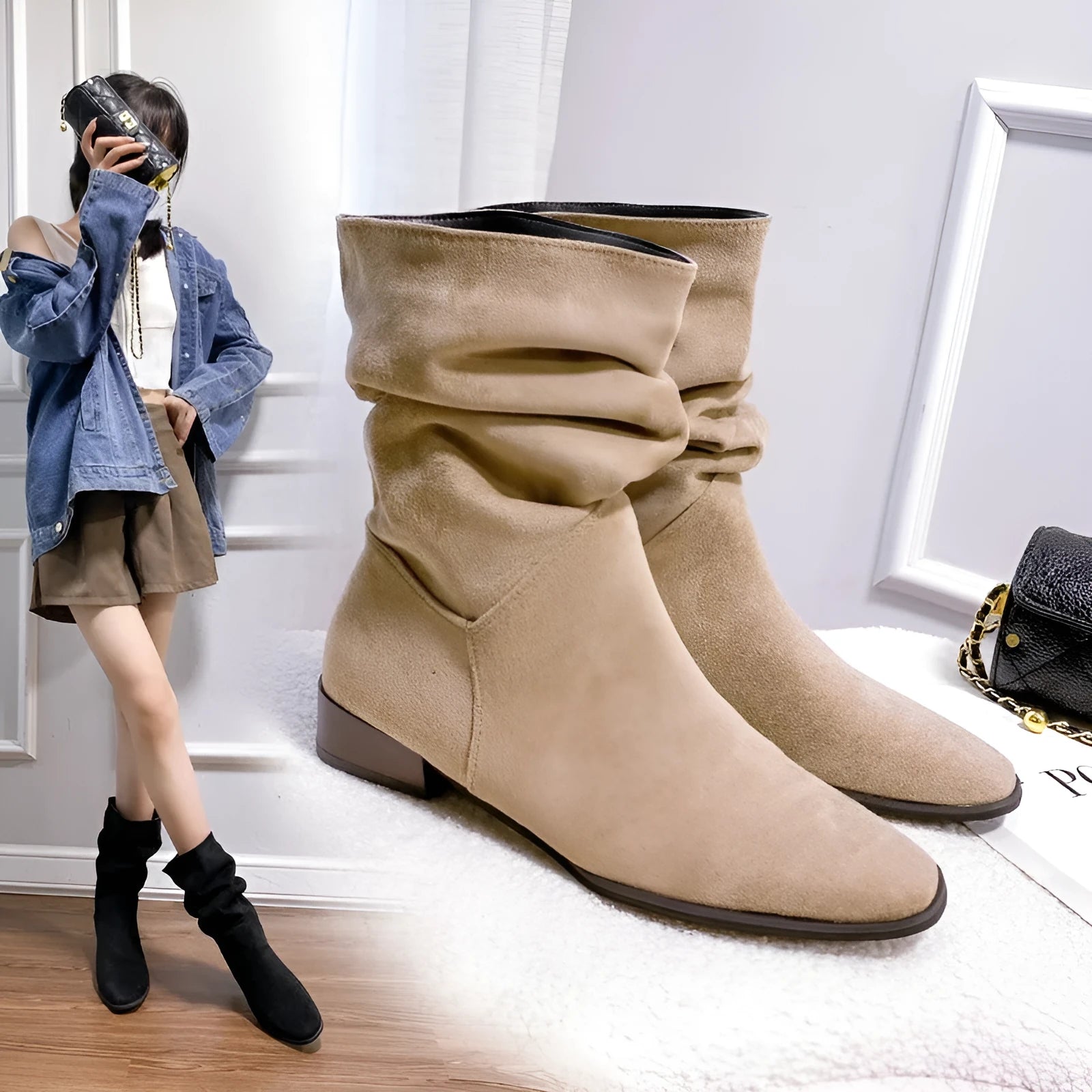 Women's pointed toe retro suede boots with thick heel below the knee in black