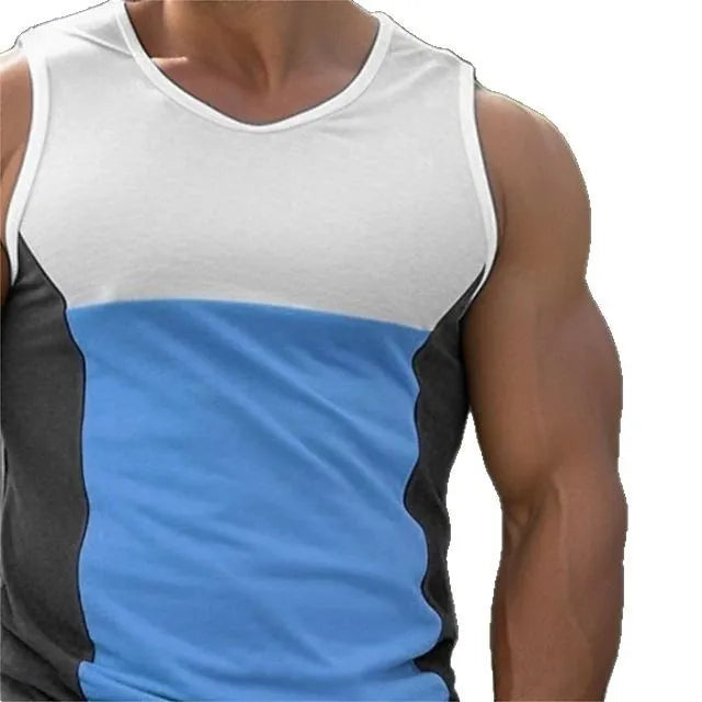 Men's blue cotton blend running vest with sports style design on a mannequin