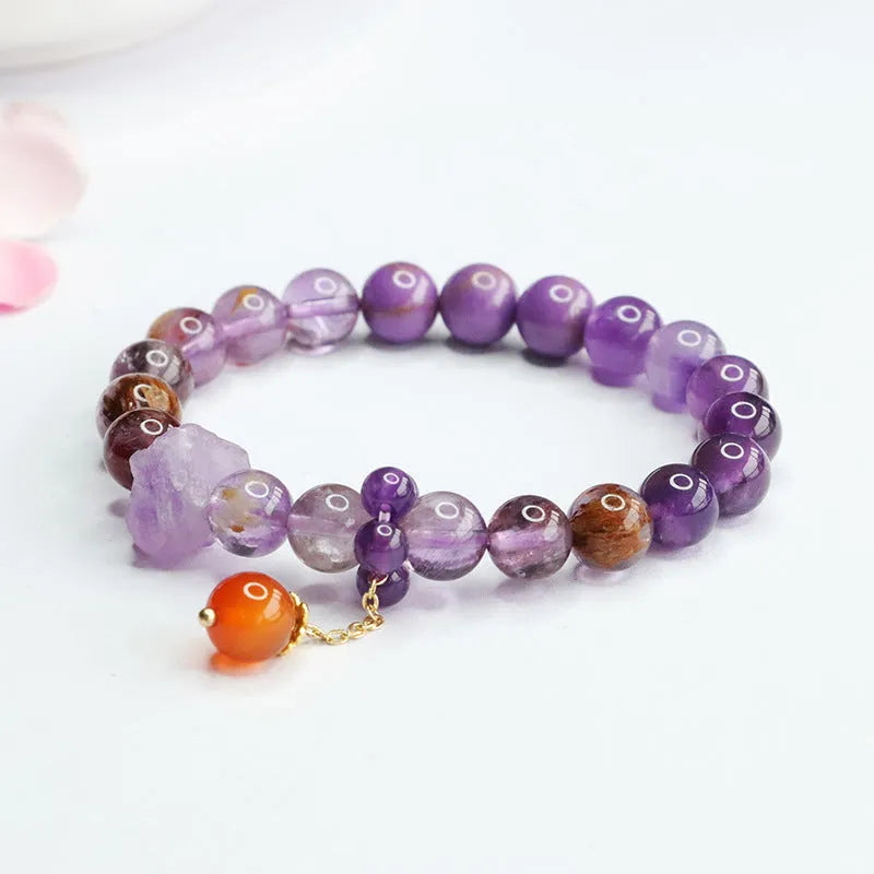 Natural nine purple amethyst and red agate crystal bracelet with Mori style design