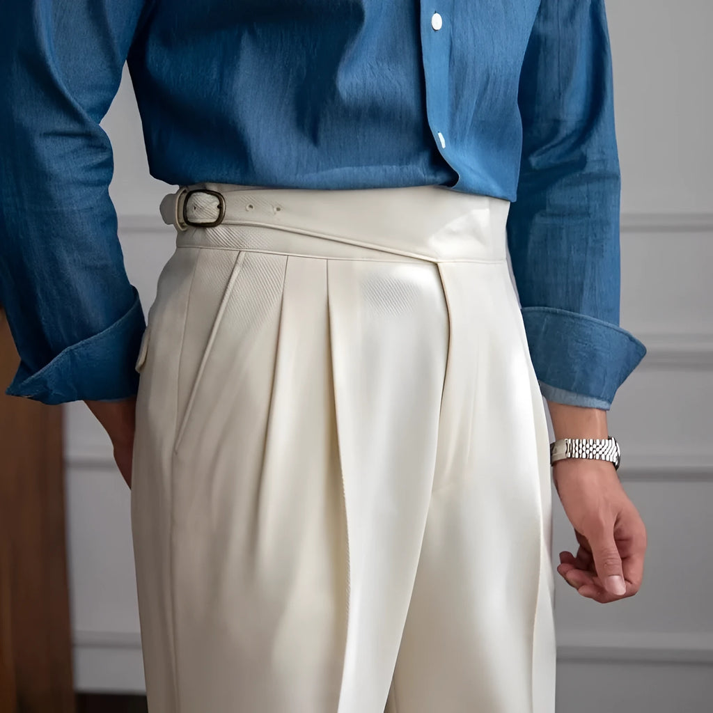 Man wearing black high-waist straight-leg casual polyester trousers.
