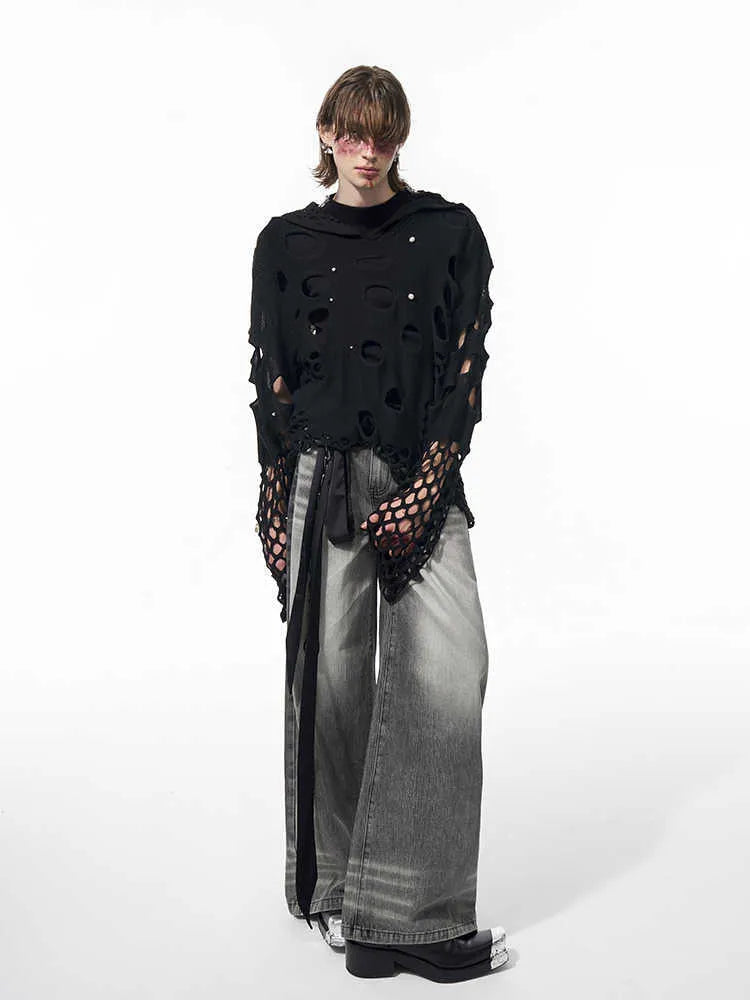Black men's hooded sweater with pearl decorations, loose fit pullover design