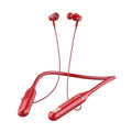 Black wireless Bluetooth sports headset with neckband design, showing earbuds and power display.