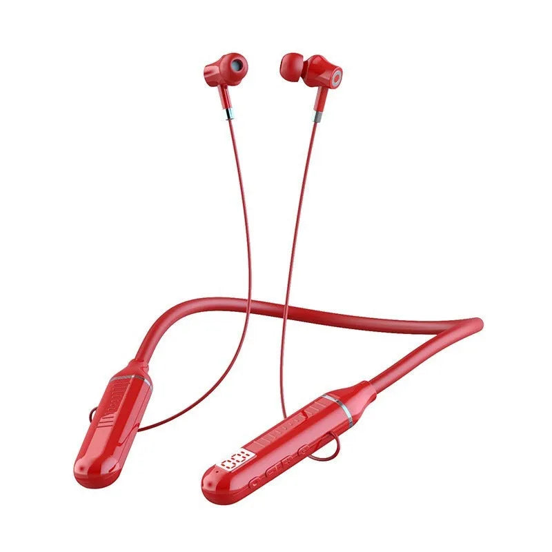Black wireless Bluetooth sports headset with neckband design, showing earbuds and power display.