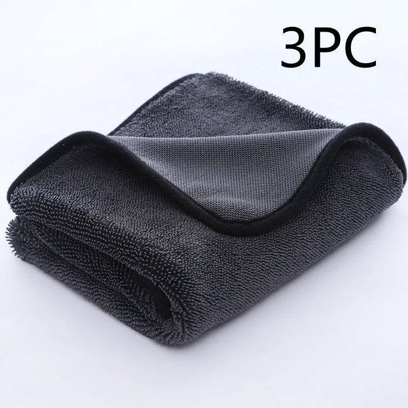 Grey automobile cleaning cloth with spiral hair surface and hemmed edges in multiple size options