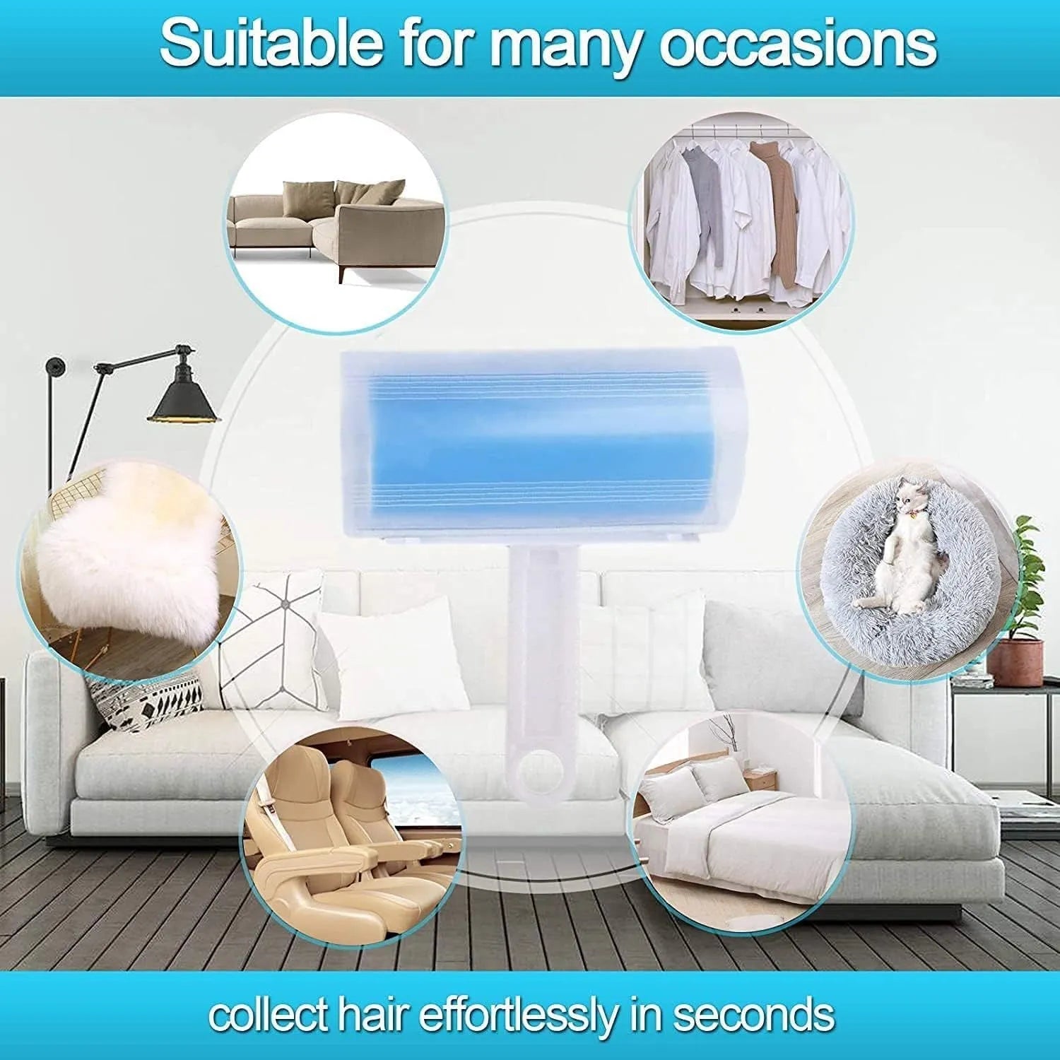Blue washable reusable lint roller with protective cover for removing pet hair from clothes