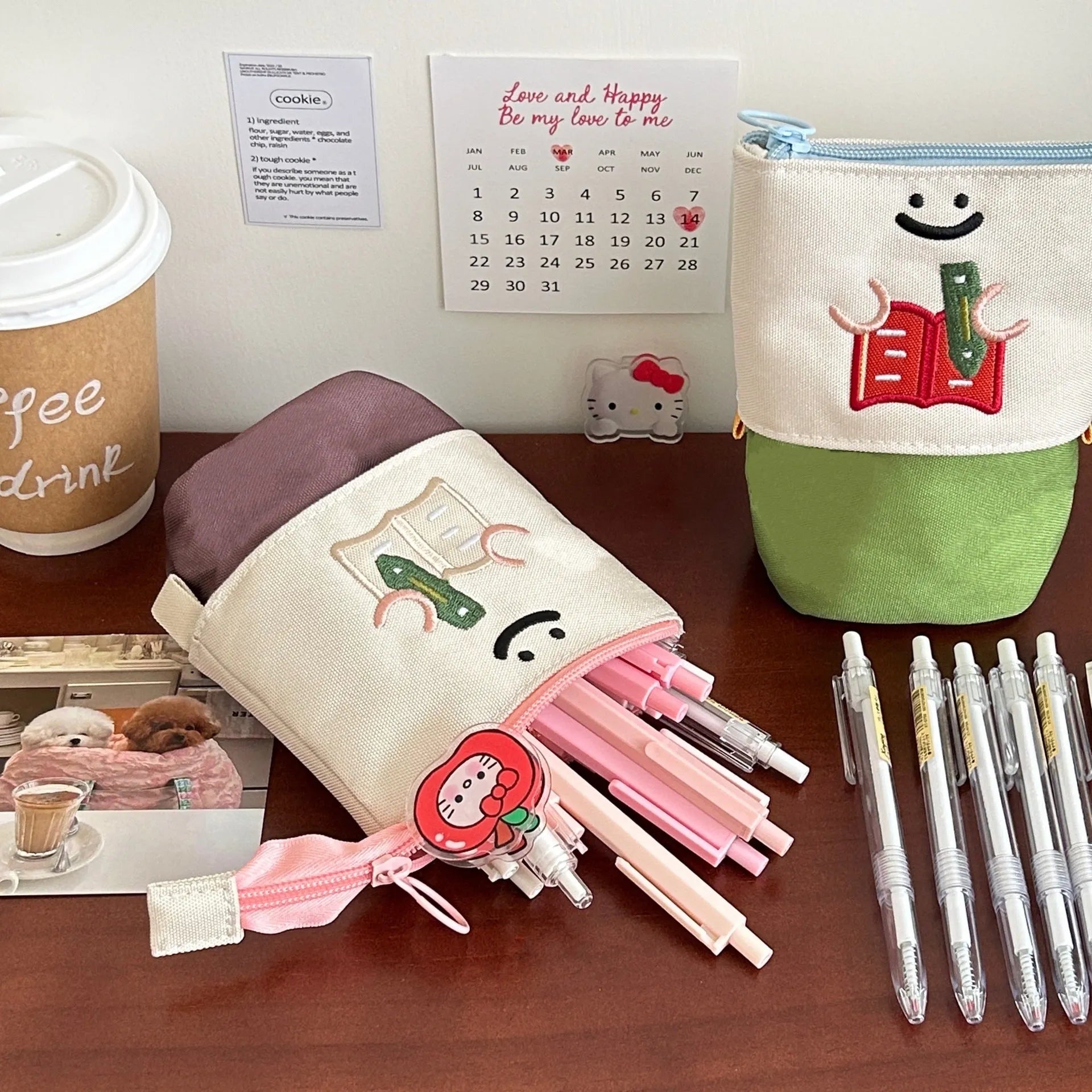 Brown Korean style collapsible pencil case with cartoon design measuring 17x14cm