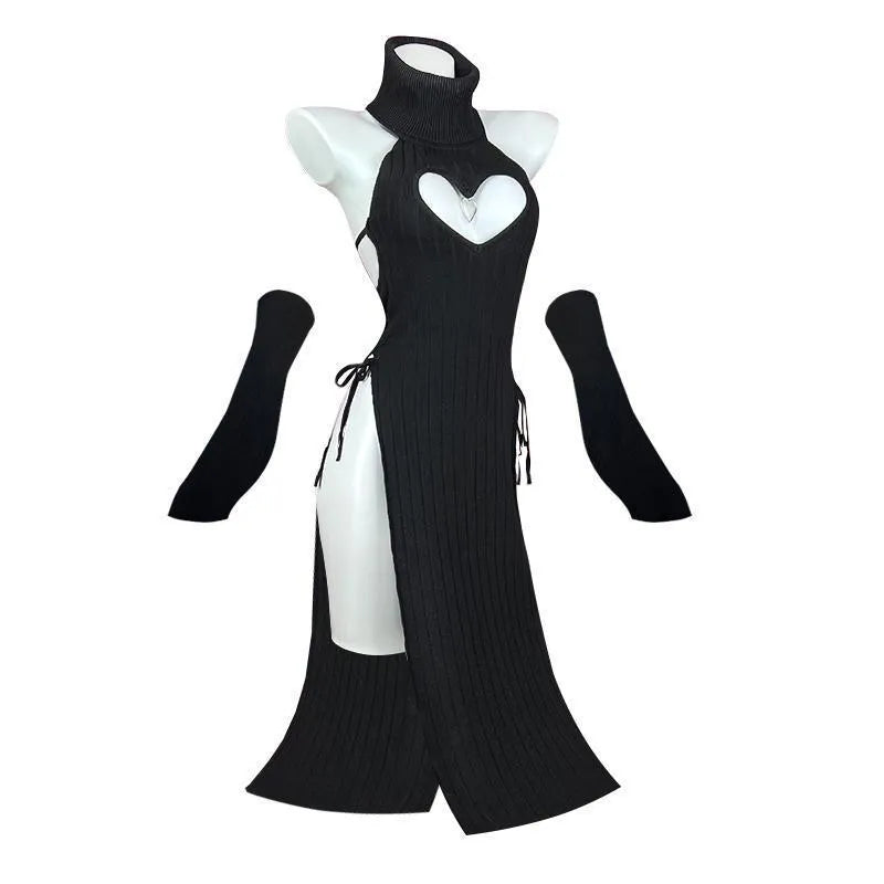 Women's Solid Colour Casual Versatile Heart-shaped High-neck Cheongsam Dress with Fleece Lining in Lycra Fabric - Available in Black, White, Pink, Brown, Blue, One Size and Plus Size for Four Seasons Wear