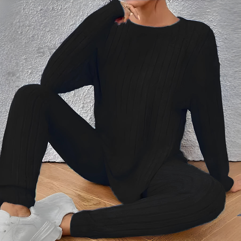 Women's black sunken stripe polyester two-piece homewear set with regular sleeve top and matching trousers