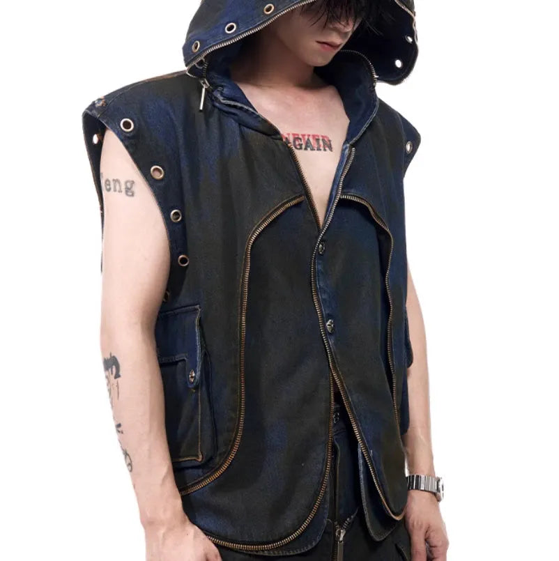 Men's blue hooded denim vest coat with matching trousers, Korean style two-piece set