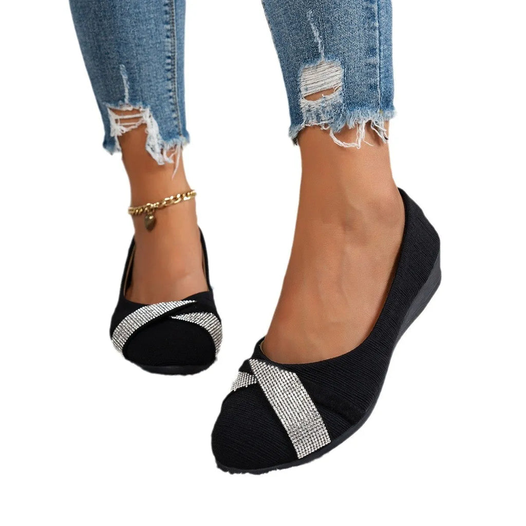 Women's black slip-on casual shoes with rhinestones and 6-8cm chunky heel