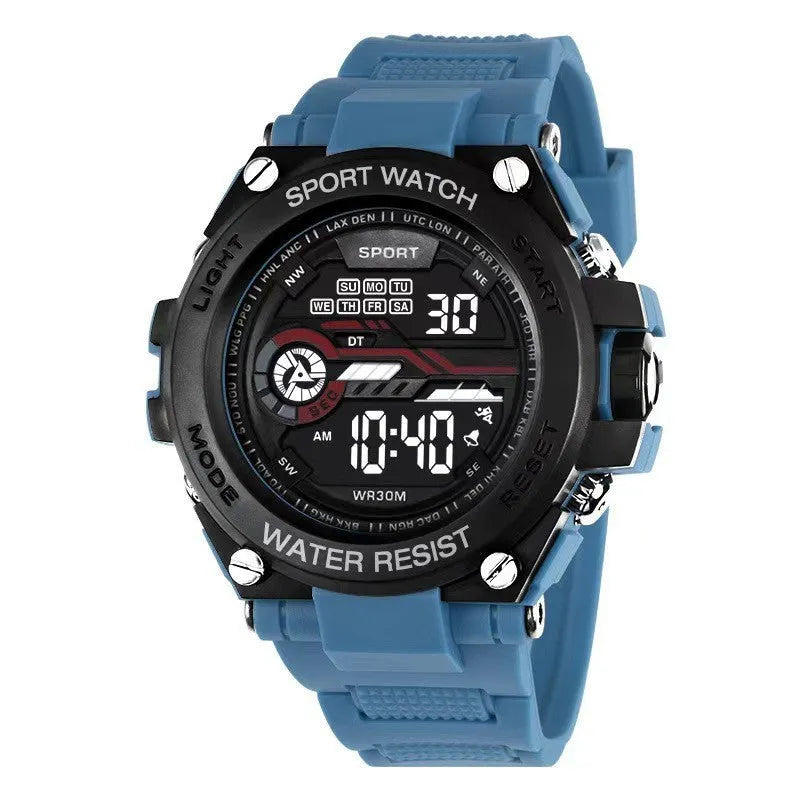 Fashion electronic digital watch for teenagers and students shown in one of ten available colour options.
