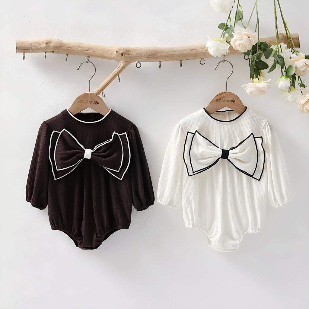 Baby girl long sleeve cotton onesie with bow detail in white triangle style