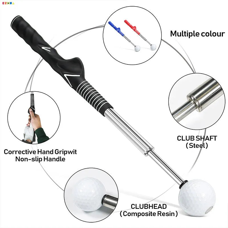 Telescopic stainless steel golf swing simulator trainer in black, blue, or red colour options.