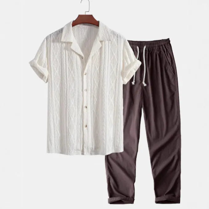 Linen polyester camouflage print shirt and trousers set in slim fit cardigan style