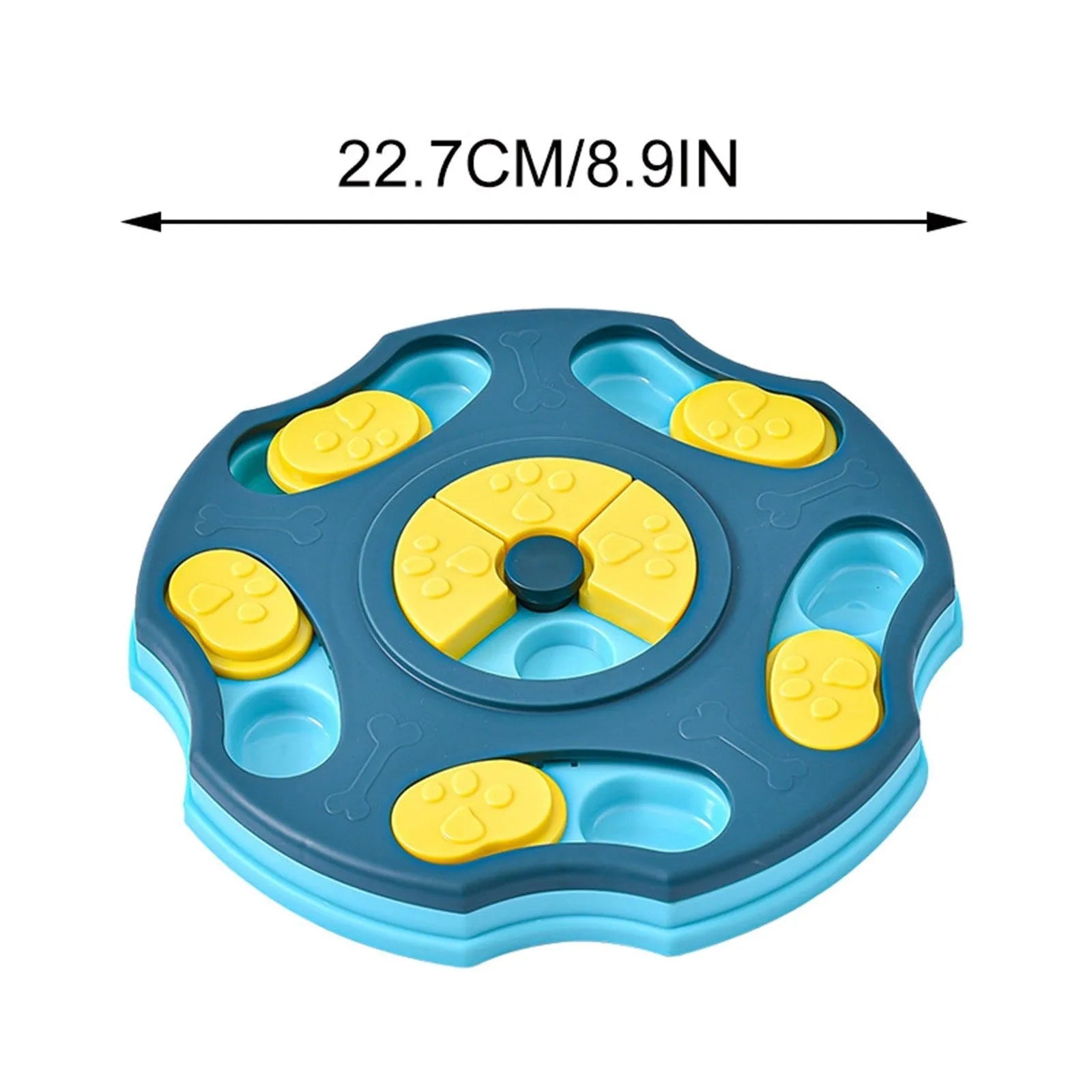 Blue dog puzzle toy bowl with food searching compartments for interactive feeding game