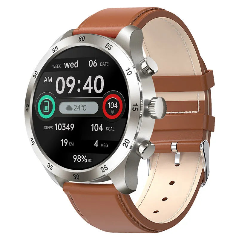 Black Bluetooth smart watch with steel strap on wrist, showing call and health tracking display