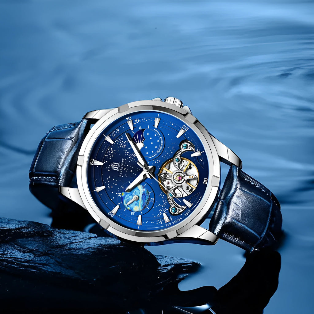 Men's blue dial automatic mechanical watch with steel case and bracelet