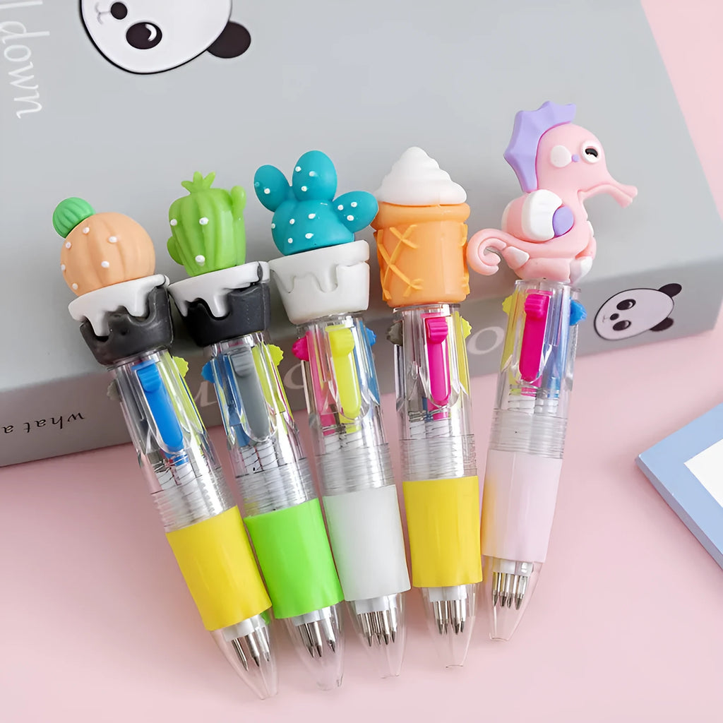 Cartoon-themed four colour press ballpoint pen with plastic and silicone body and 0.7mm tip.
