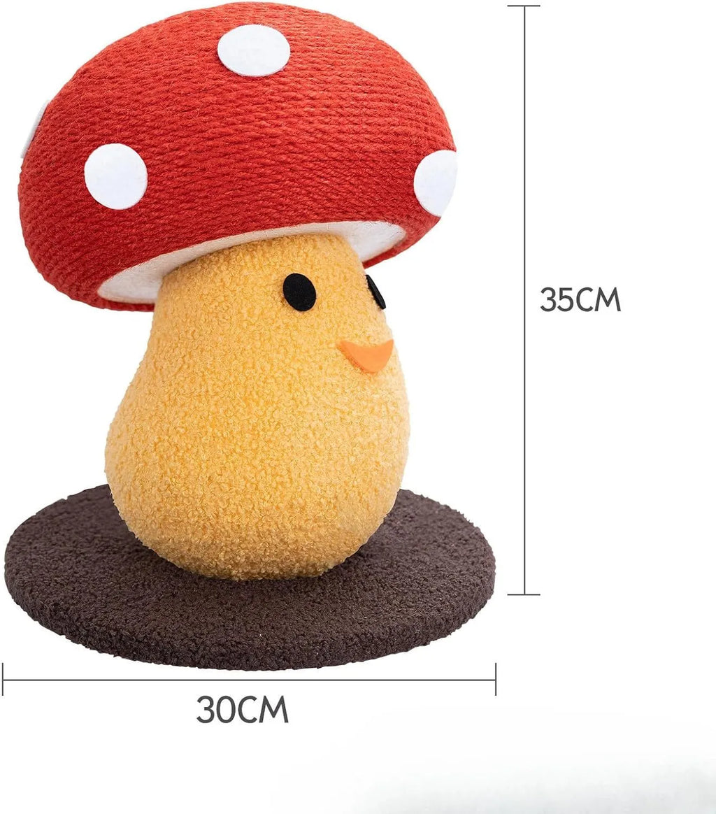 Mushroom-shaped foldable cardboard cat scratcher with accordion design on a carpet.
