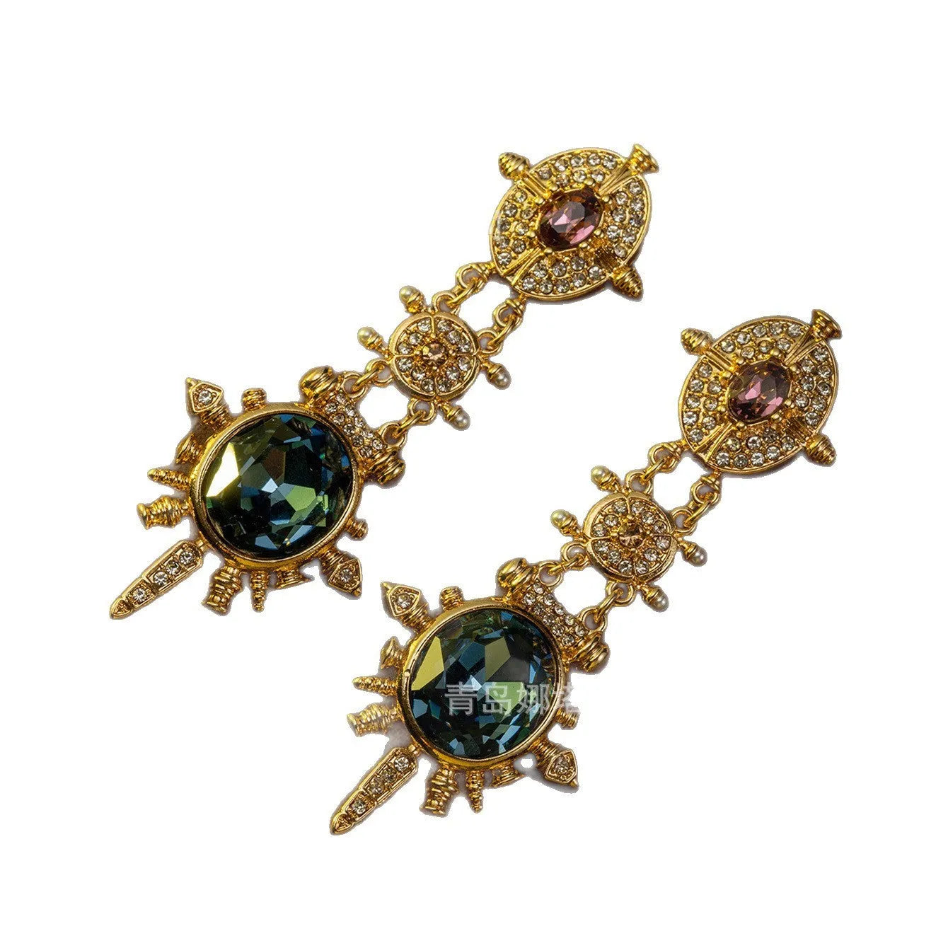 Gold geometric retro stud earrings with round design elements and diamond-treated alloy construction