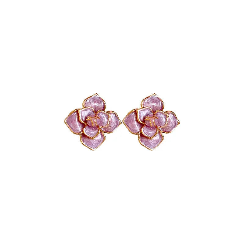Gold plated purple oil-spot glaze flower stud earrings with copper construction and fresh floral design