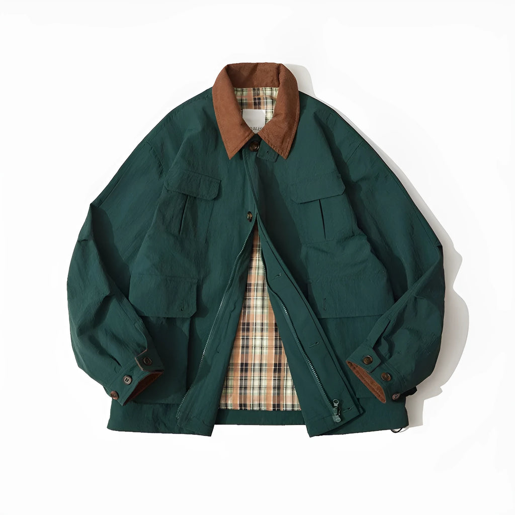 Green and apricot contrast colour casual jacket with side seam pockets for men and women